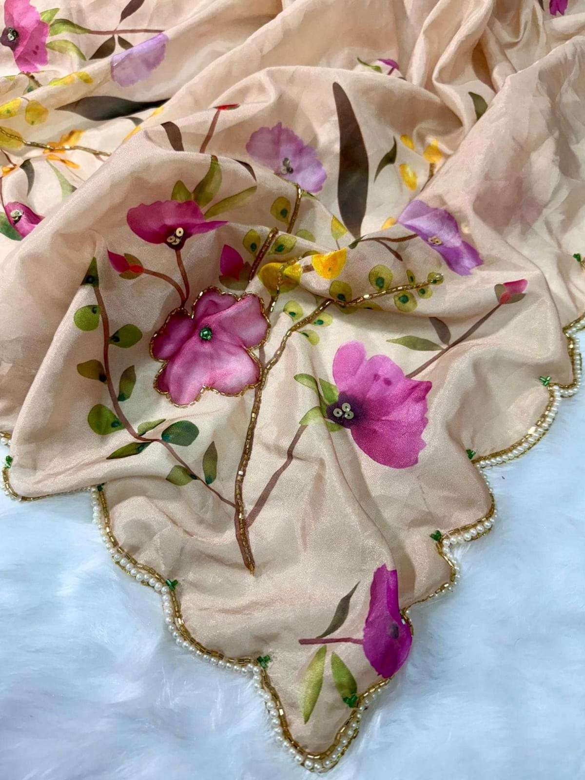 Tabby Silk Printed Saree with Handwork & Designer Blouse – Fresh Floral Elegance - House of ViDi