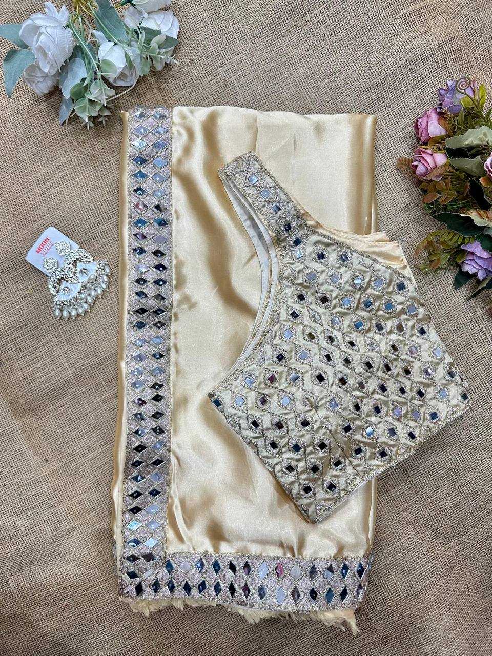 Alaya Furniturewala Inspired Off White Satin Silk Mirror Work Saree – Designer Party Wear Saree with Embroidered Mirror Blouse