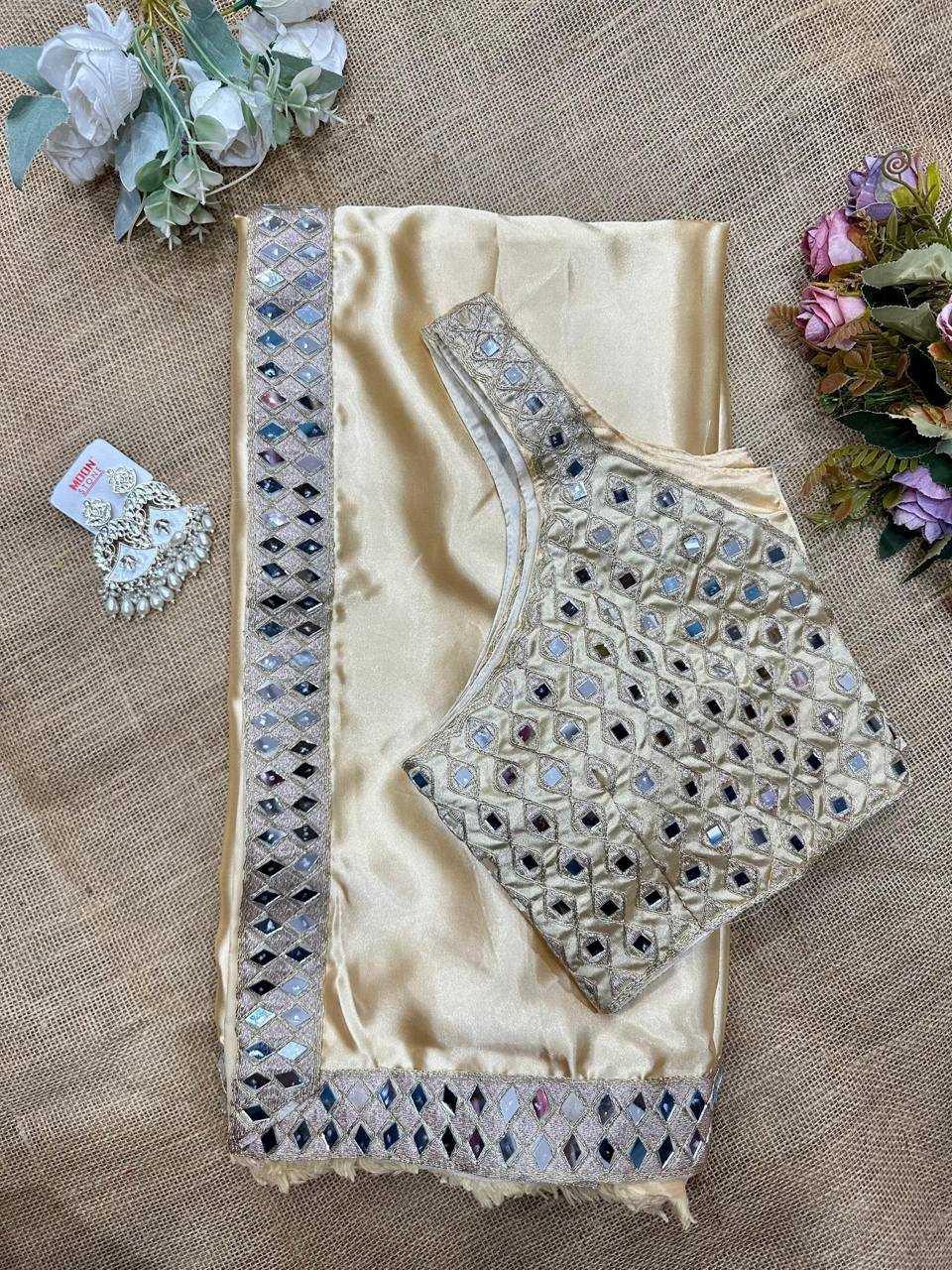 Alaya Furniturewala Inspired Off White Satin Silk Mirror Work Saree – Designer Party Wear Saree with Embroidered Mirror Blouse - House of ViDi