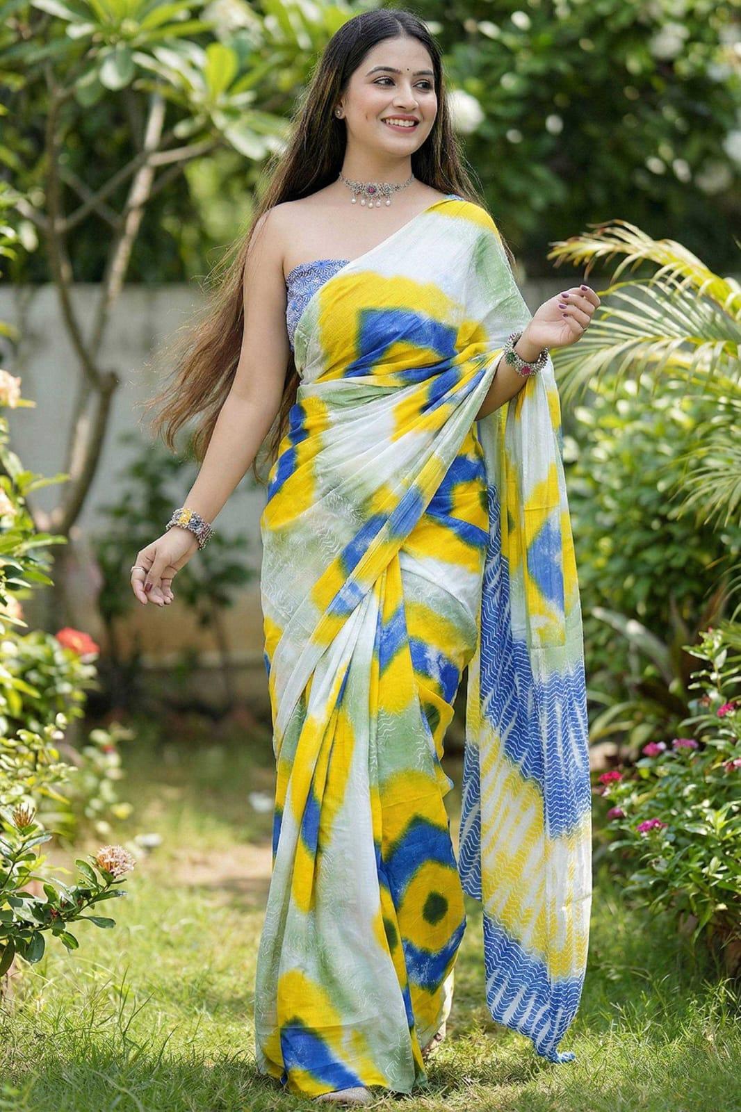 Yellow Ajrakh Bagru Block Print Mulmul Cotton Saree with Printed Blouse - House of ViDi