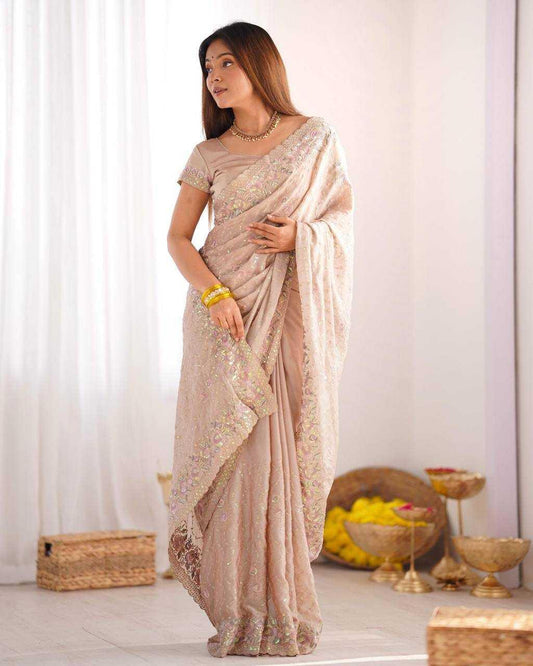 Beige Silky Crush Saree with Multicolor Sequins & Diamond Work - House of ViDi