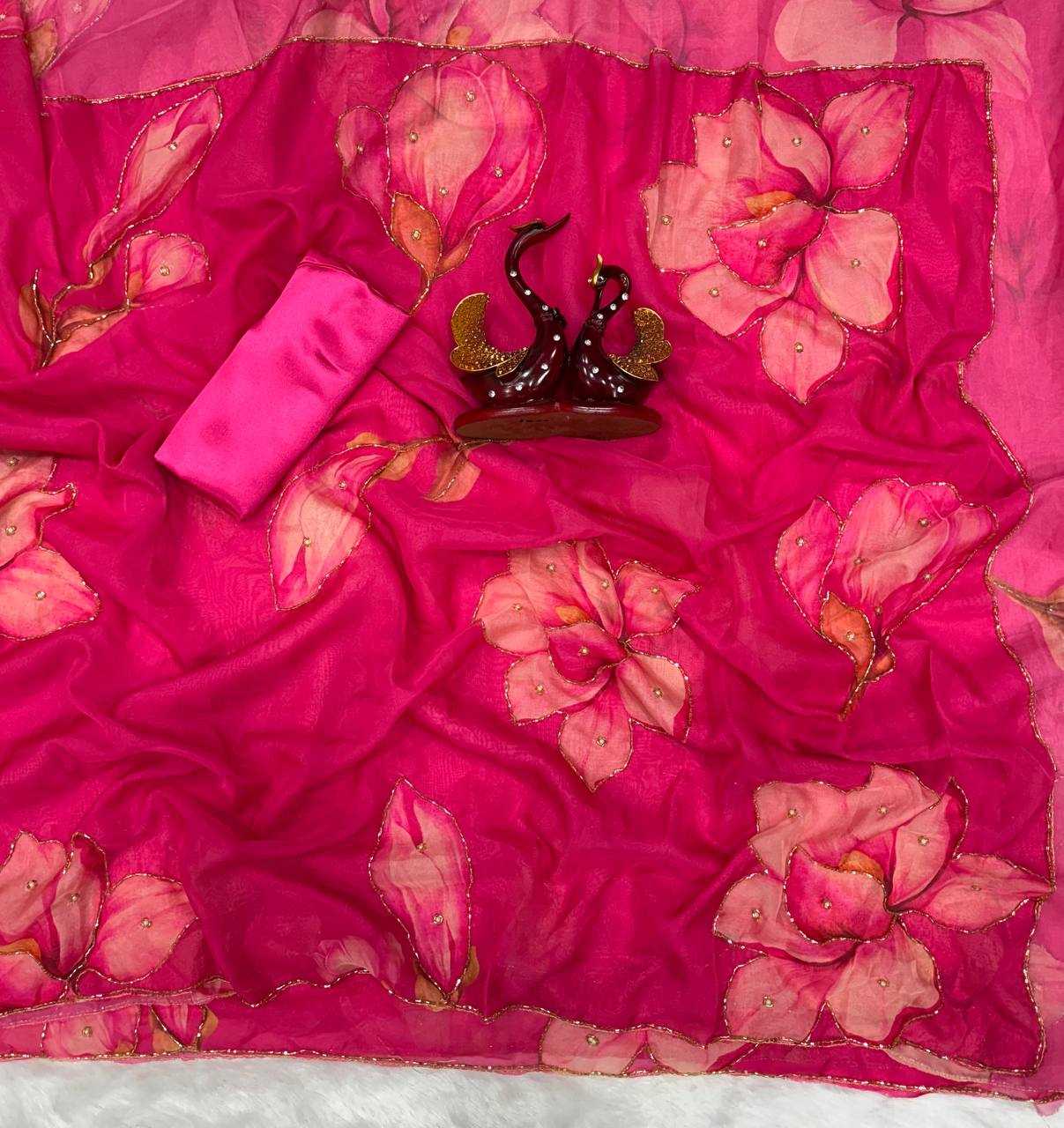 Pink Organza Fancy Saree with Floral Print & Katdana Handwork