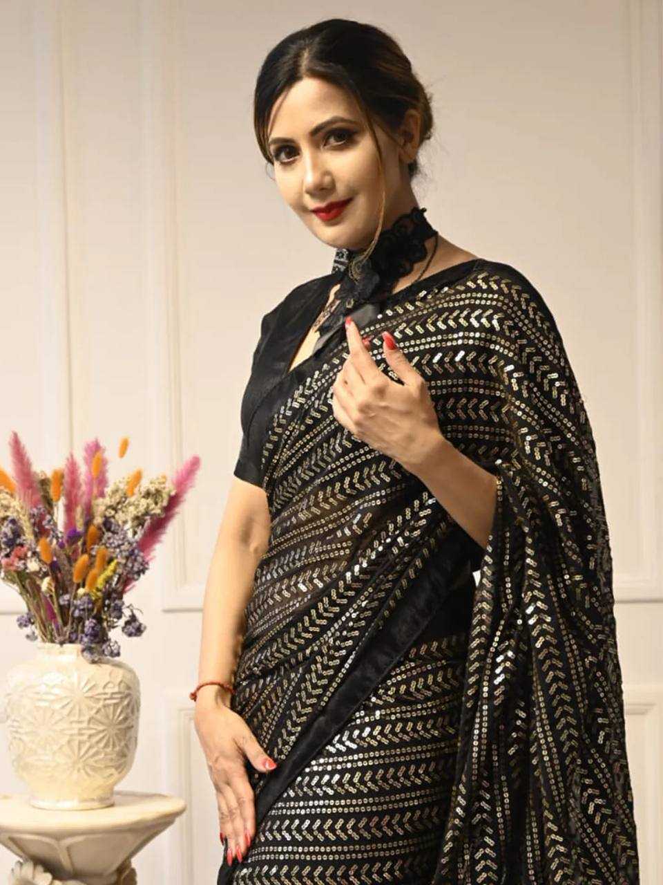 Black Georgette Sequin Saree with Banglori Satin Blouse – Glamorous Party & Evening Wear - House of ViDi