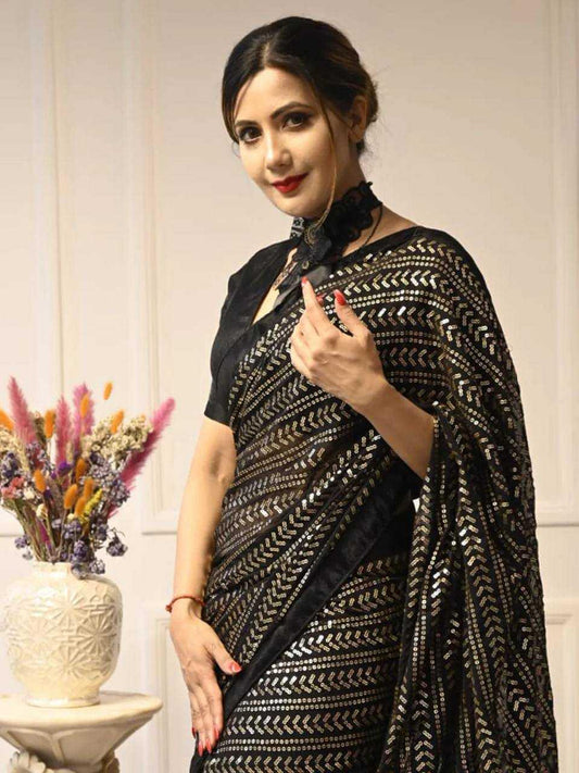 Black Georgette Sequin Saree with Banglori Satin Blouse – Glamorous Party & Evening Wear - House of ViDi