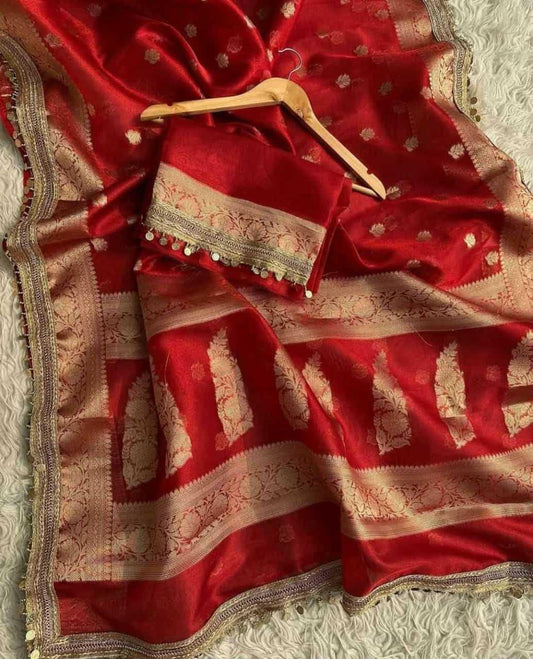 Red Banarasi Soft Tissue Silk Saree with Zari Weaving & Coin Lace – Elegant Wedding Wear Saree - House of ViDi