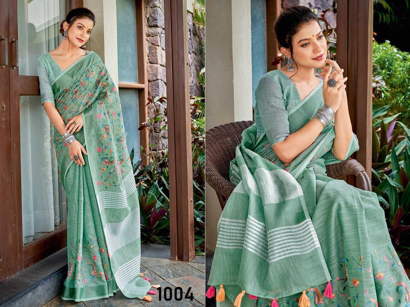 Green Linen Saree with Kashmiri Embroidery & Matching Blouse | Designer Party Wear Saree - House of ViDi