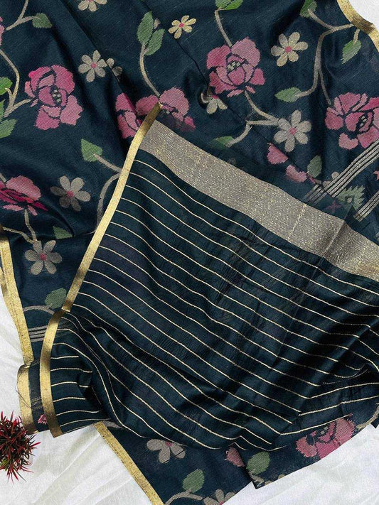 Green Designer Jamdani Style Cotton Party Wear Saree with Elegant Weave - House of ViDi