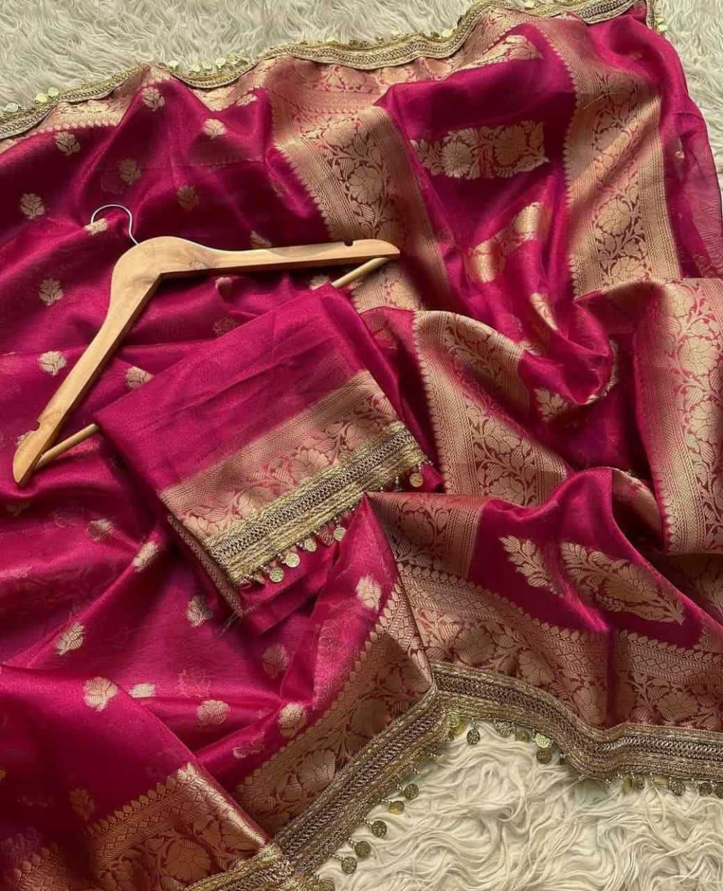 Rani Banarasi Soft Tissue Silk Saree with Zari Weaving & Coin Lace – Elegant Wedding Wear Saree