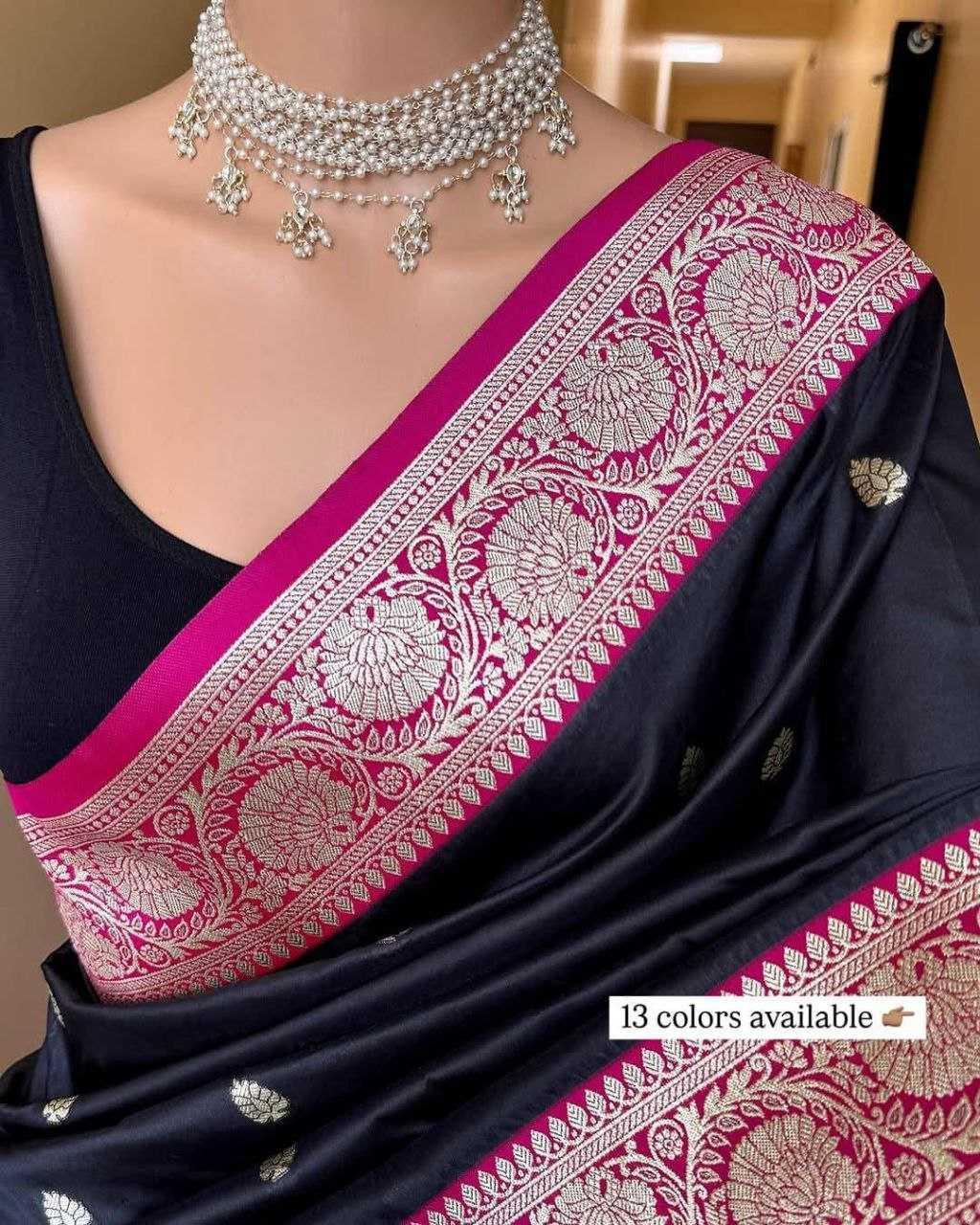 Black Pure Soft Banarasi Silk Saree with Mina Work, Butti Weaving & Rich Contrast Border | Designer Party Wear Saree - House of ViDi