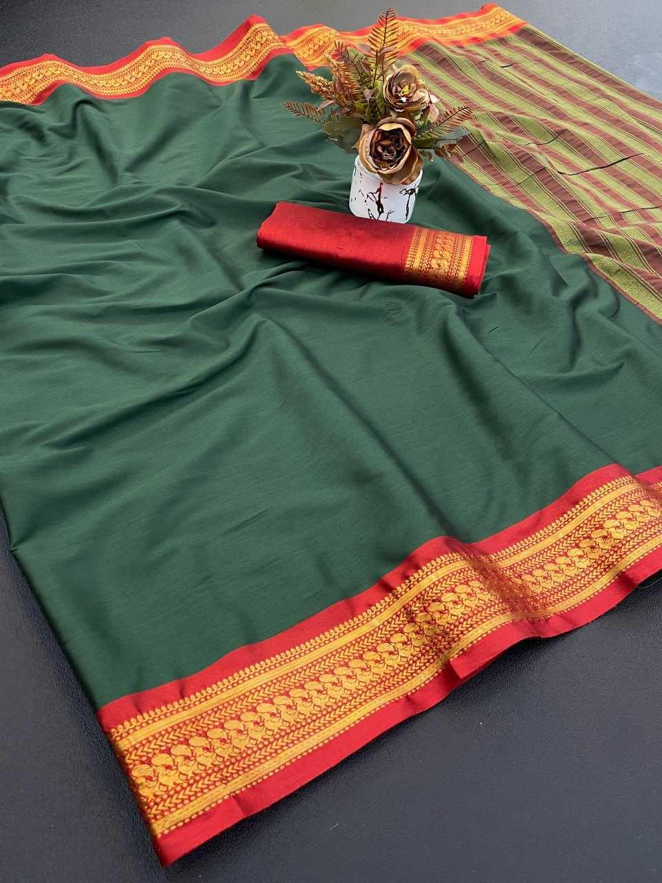 Green Aura Cotton Designer Saree with Rich Border & Chitt Pallu – Festive & Elegant Wear - House of ViDi