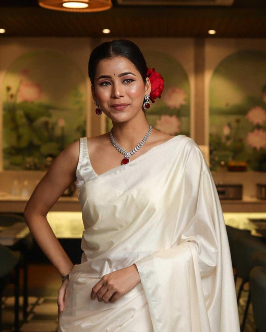 White Premium Party Wear Crepe Silk Saree with Matching Blouse - House of ViDi