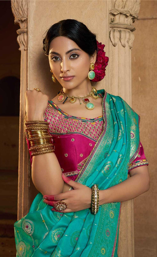 Teal Blue Pure Satin Designer Saree with Lace Border & Heavy Embroidered Contrast Blouse | Party & Traditional Wear - House of ViDi