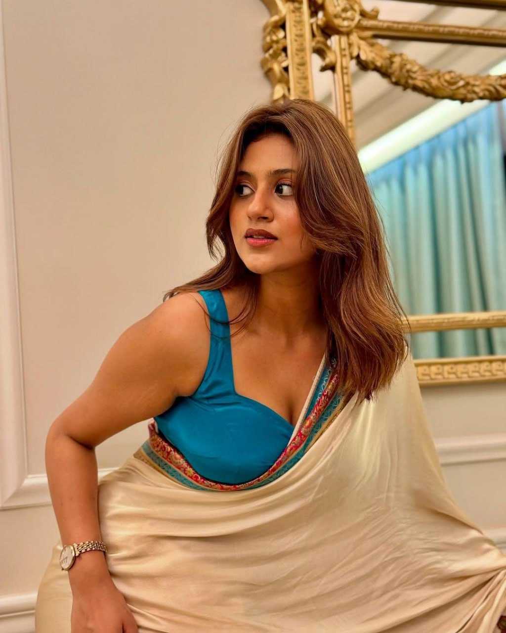 Anjali Arora Inspired Gajji Silk Ajrakh Saree with Rich Pallu & Contrast Blouse - House of ViDi