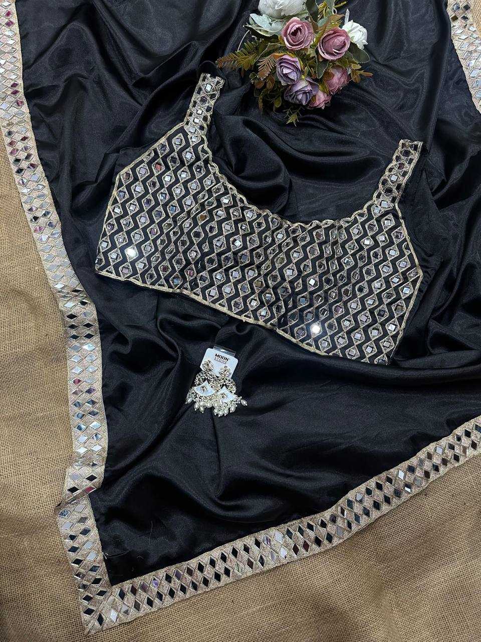 Black Satin Silk Mirror Work Saree – Designer Party Wear Saree with Embroidered Mirror Blouse