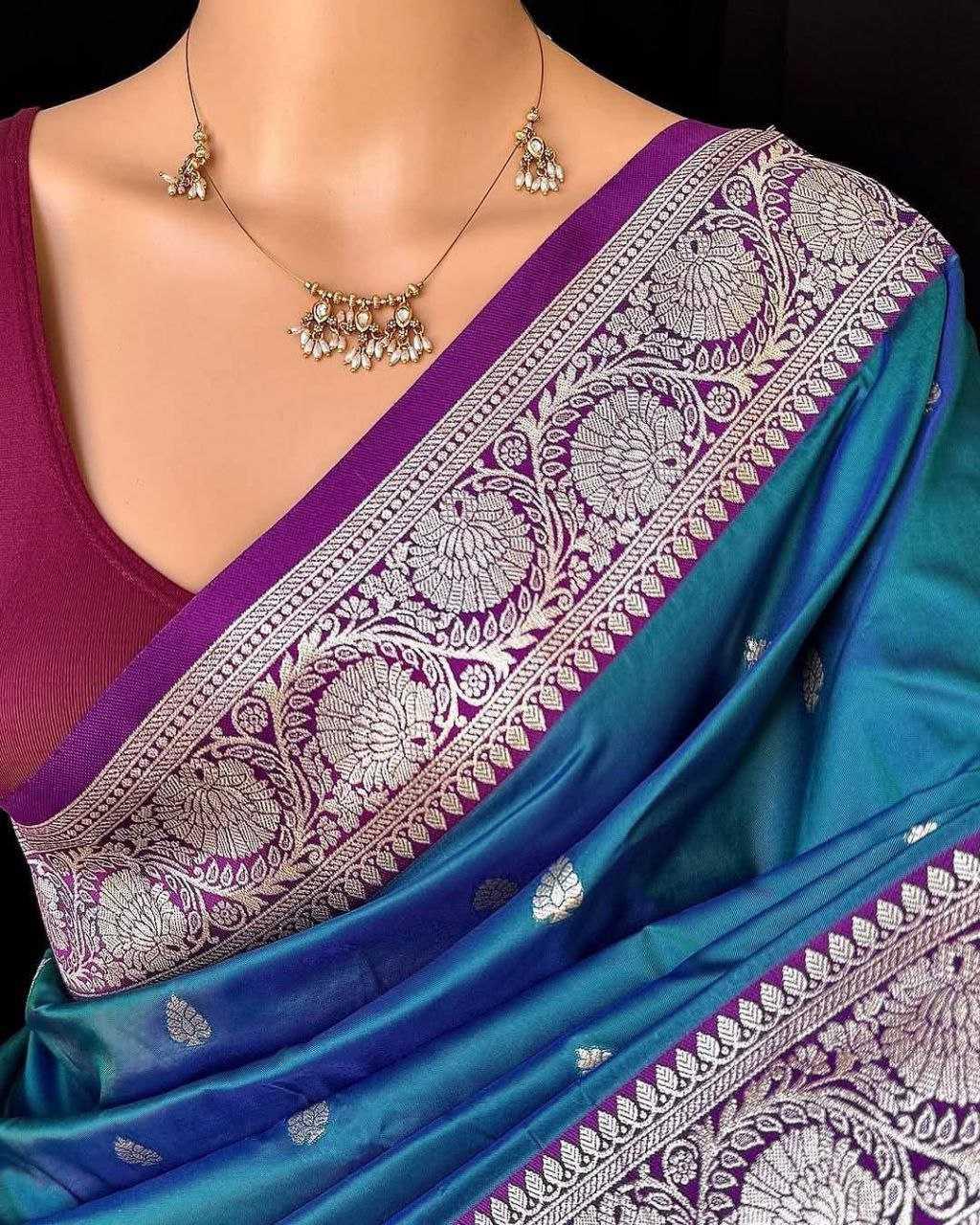 Blue Pure Soft Banarasi Silk Saree with Mina Work, Butti Weaving & Rich Contrast Border | Designer Party Wear Saree - House of ViDi