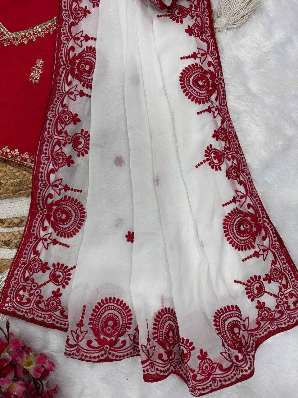 Elegant White & Red Embroidered Rangoli Silk Saree with Designer Mono Banglori Blouse - House of ViDi