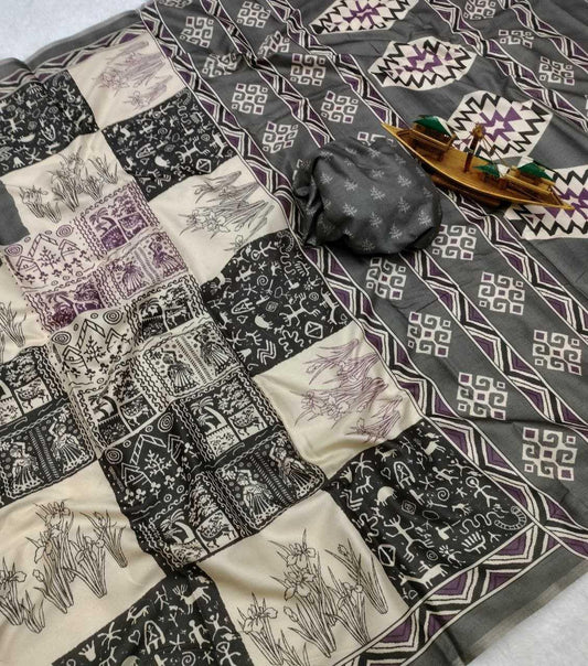 Grey Warli x Kalamkari Edition Soft Silk Saree with Designer Pallu & Zari Border – Premium Soft Silk Saree - House of ViDi