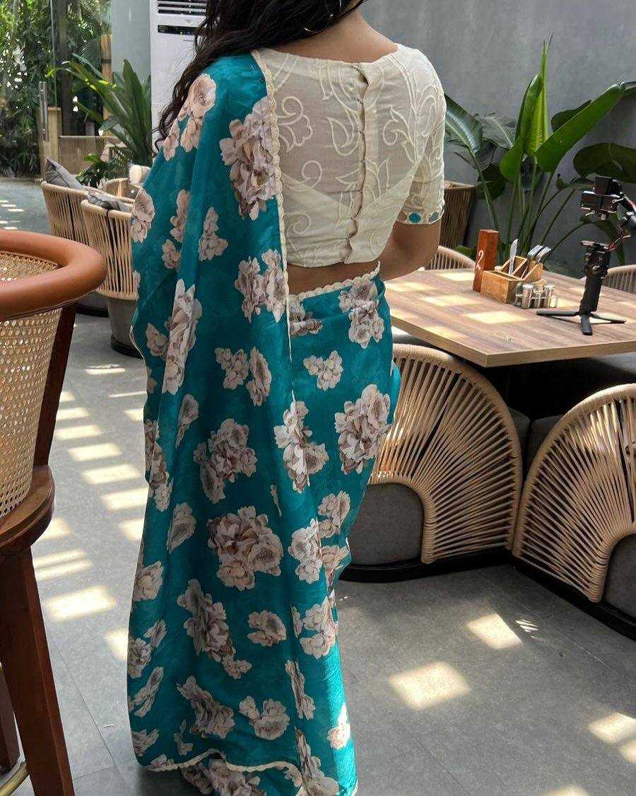 Soft Tebby Silk Digital Printed Saree with Lace Border & Chikankari Mirror Work Blouse – Elegant Everyday & Festive Wear - House of ViDi