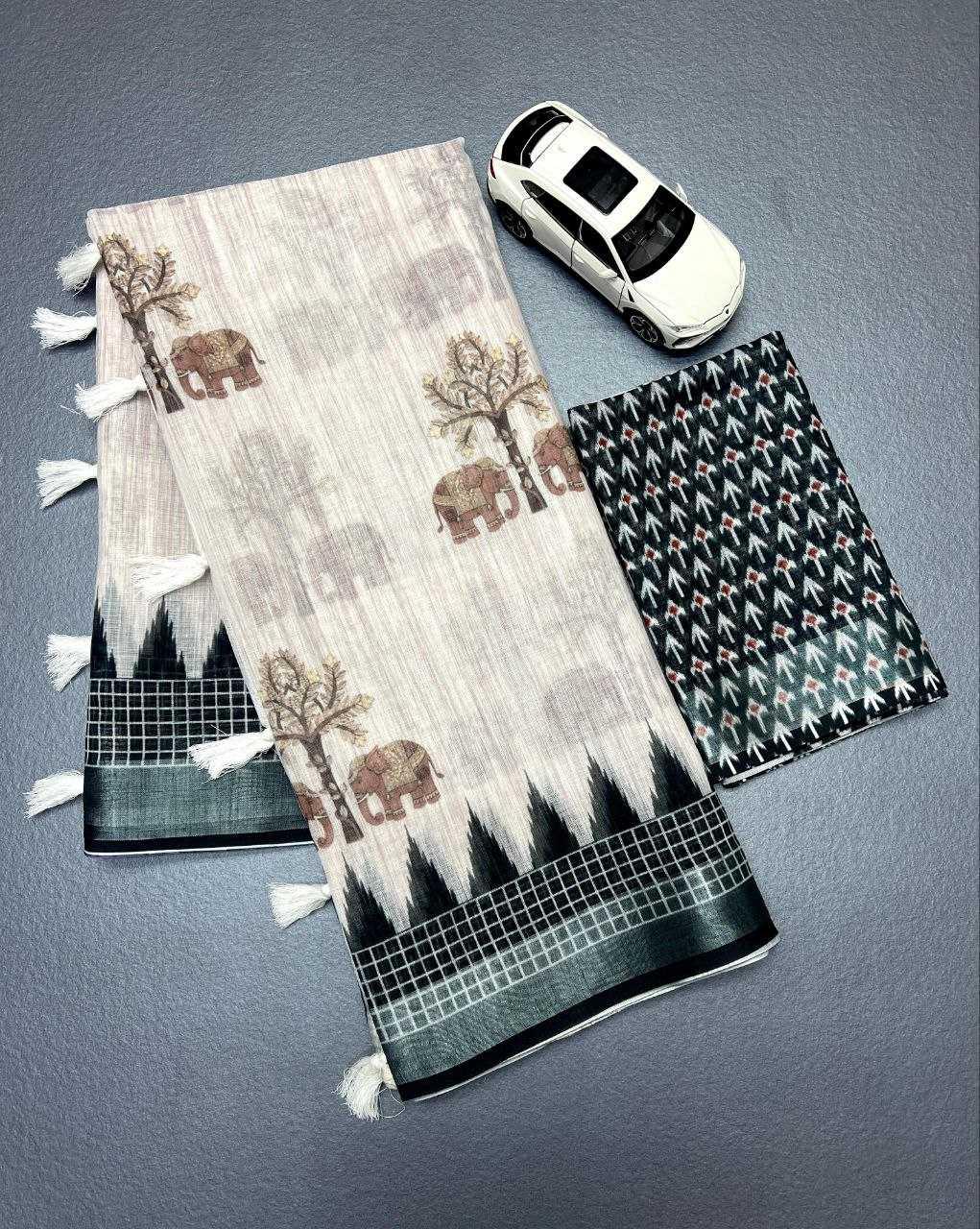 Grey Soft Linen Jari Border Saree with Digital Print & Matching Blouse - House of ViDi