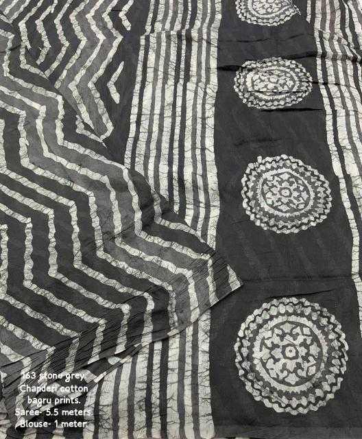 Grey Chanderi Cotton Bagru Batik Printed Saree with Zig Zag Motifs & Tassel Pallu | House of ViDi - House of ViDi