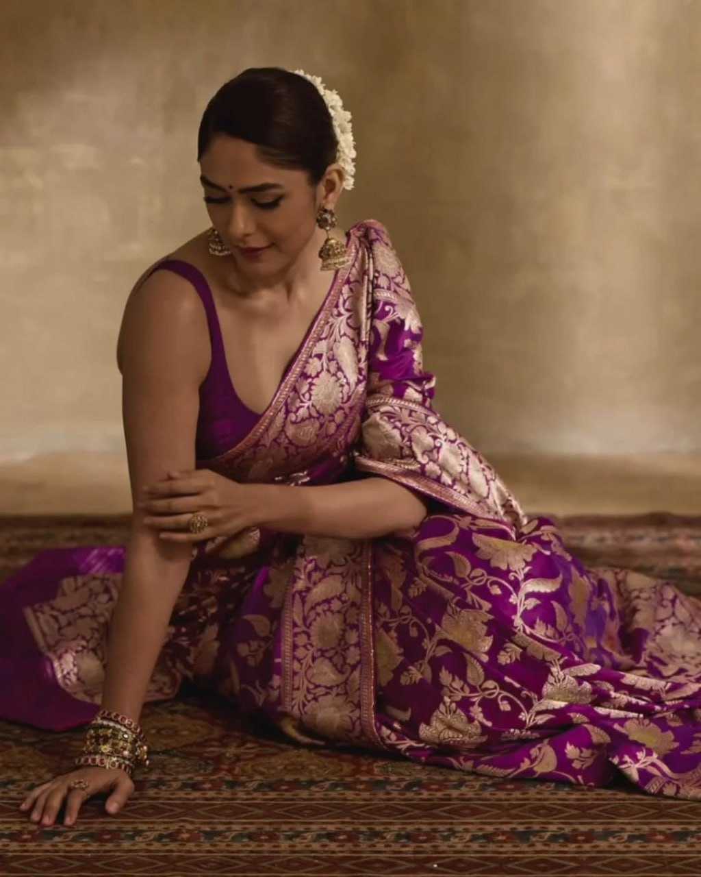 Mrunal Thakur Style Regal Purple Banarasi Silk Saree with Golden Zari Floral Weaves – Celebrity Wedding Wear - House of ViDi