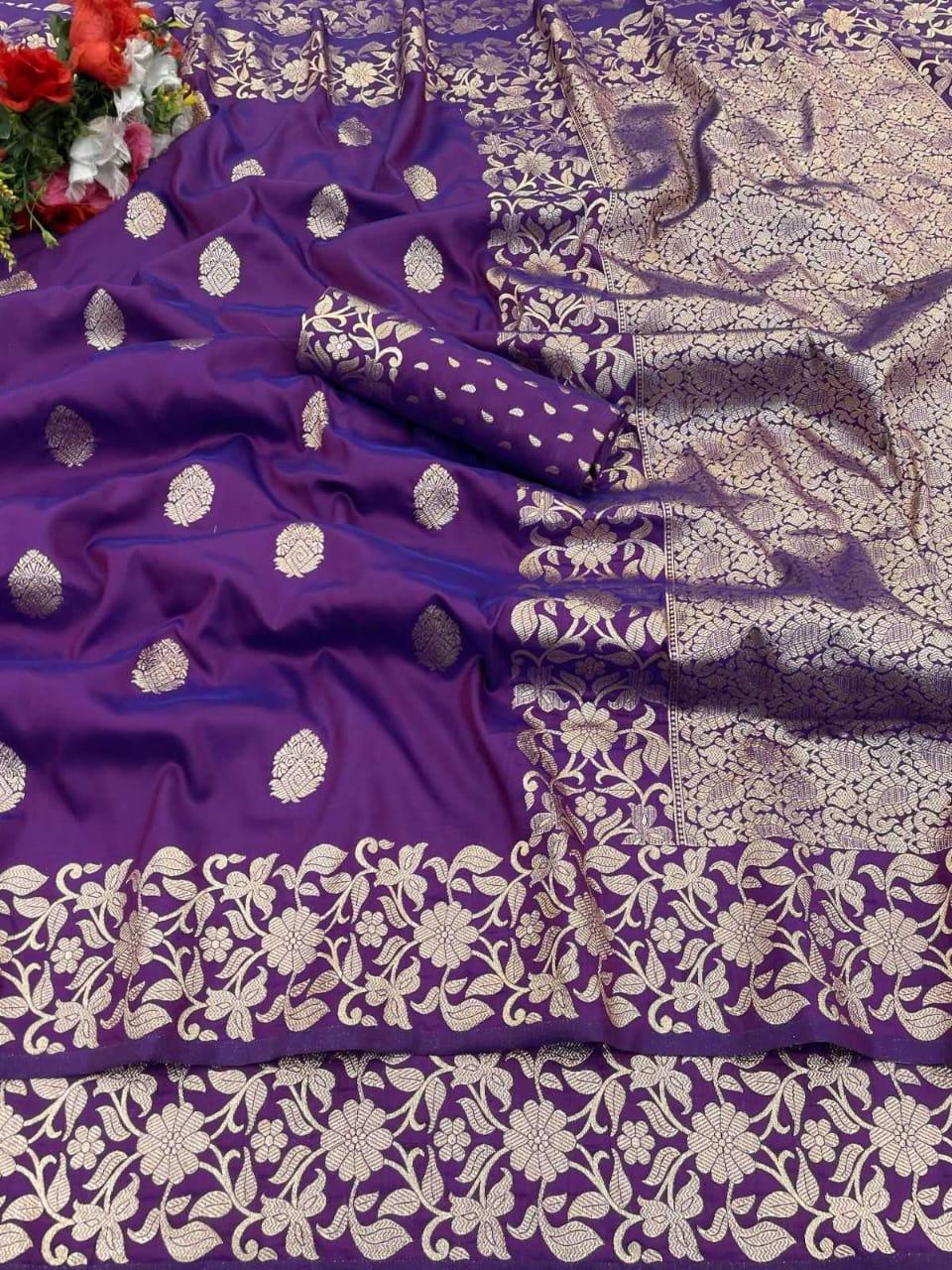 Purple Soft Silk Saree with Rich Pallu & All-Over Butta | Pure Katan Look | Traditional Designer Silk Saree - House of ViDi