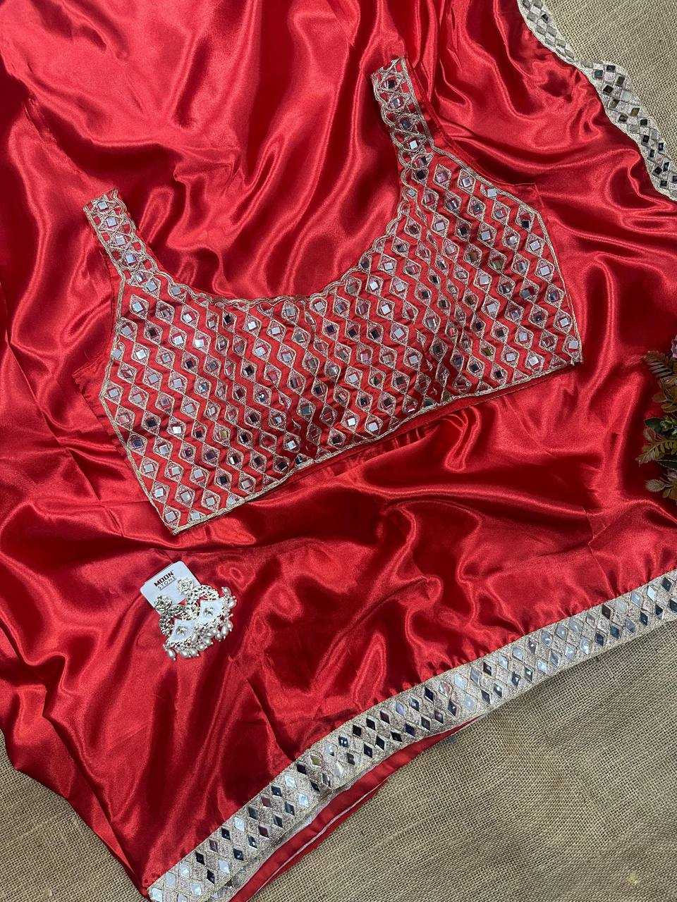 Shilpa Shetty Inspired Red Satin Silk Mirror Work Saree – Designer Party Wear Saree with Embroidered Mirror Blouse