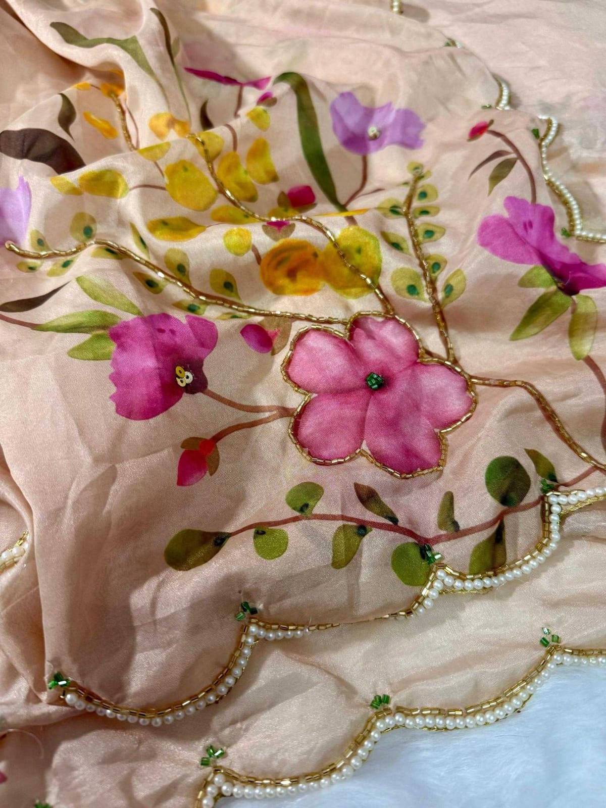 Tabby Silk Printed Saree with Handwork & Designer Blouse – Fresh Floral Elegance - House of ViDi
