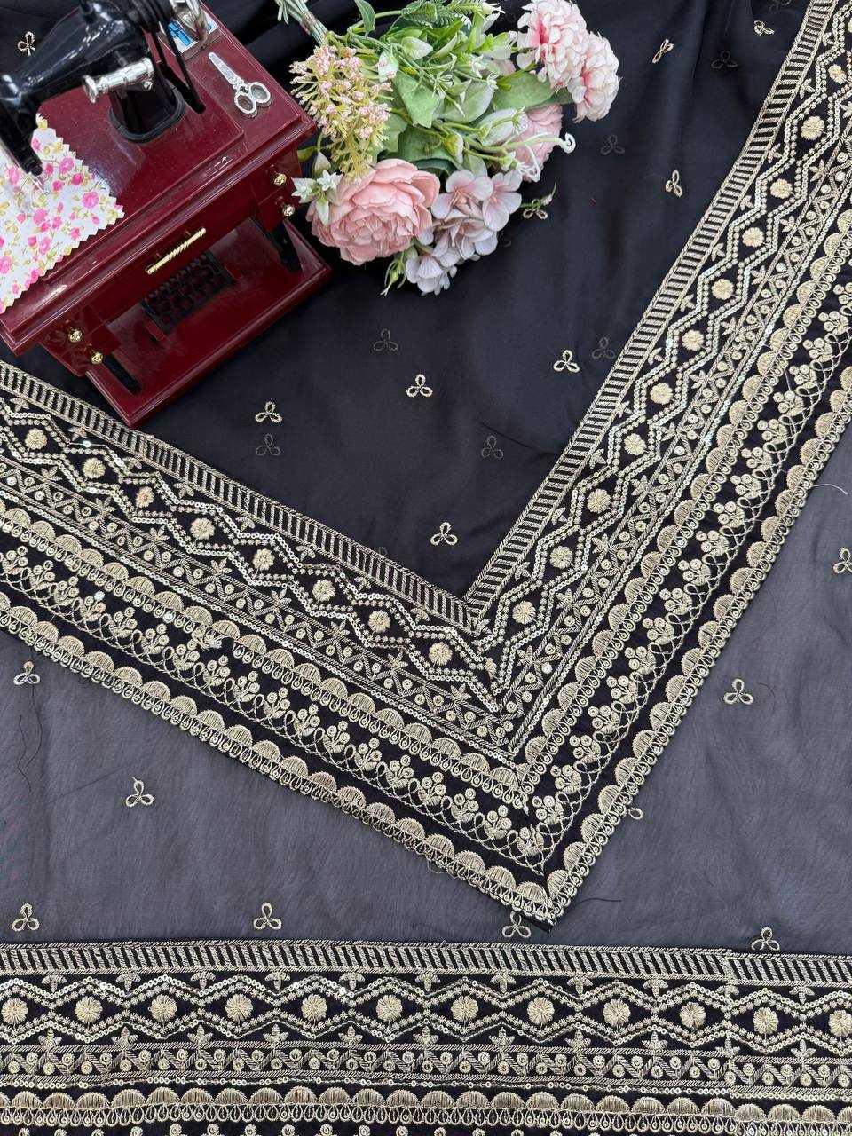 Black Tabby Silk Saree with Sequins & Thread Work - House of ViDi
