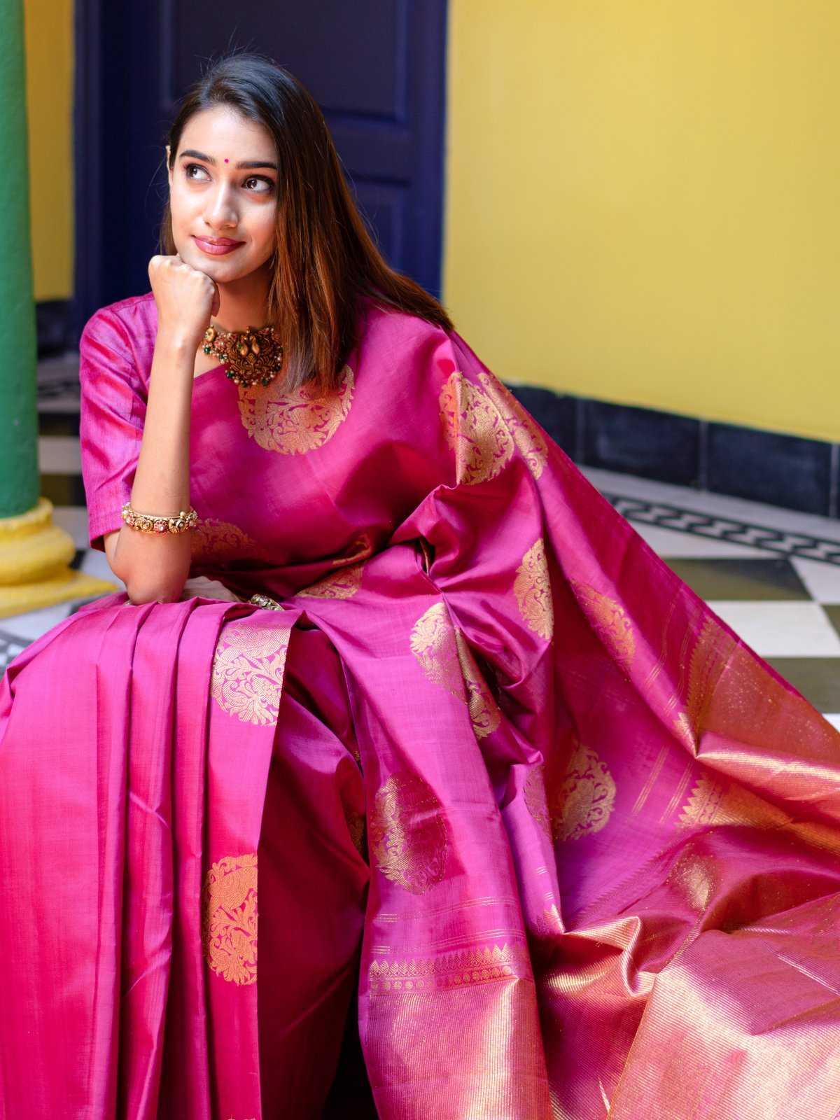 Mesmerizing Dark Pink Banarasi Soft Silk Saree with Matching Jacquard Blouse – Wedding & Festive Wear - House of ViDi