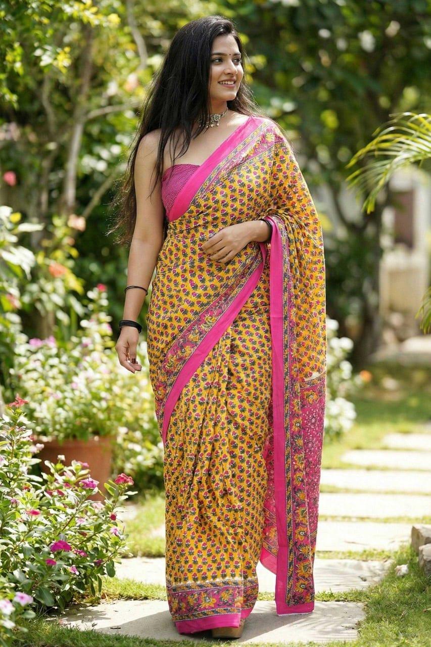Mustard Bagru Block Print Mulmul Cotton Saree with Matching Blouse – Handcrafted Jaipur Ajrakh - House of ViDi