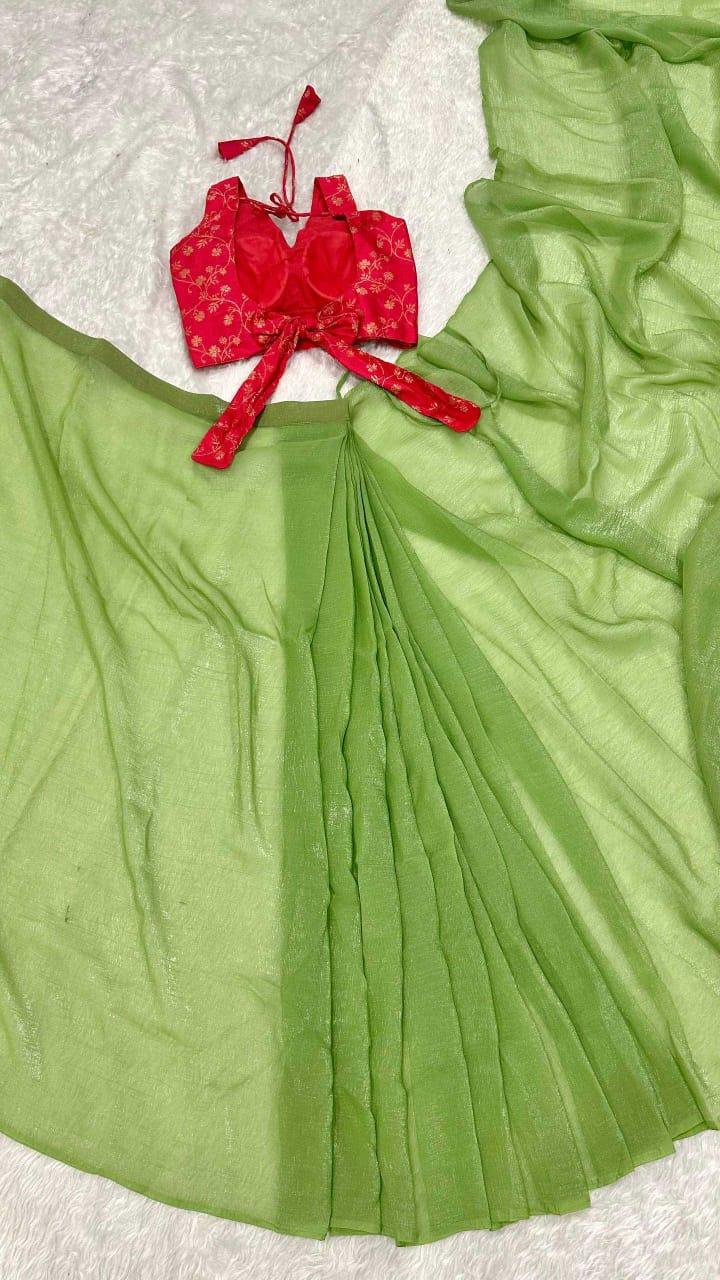 Pista Green Sparkle Silk Ready-to-Wear Saree with Banarasi Blouse | House of ViDi - House of ViDi