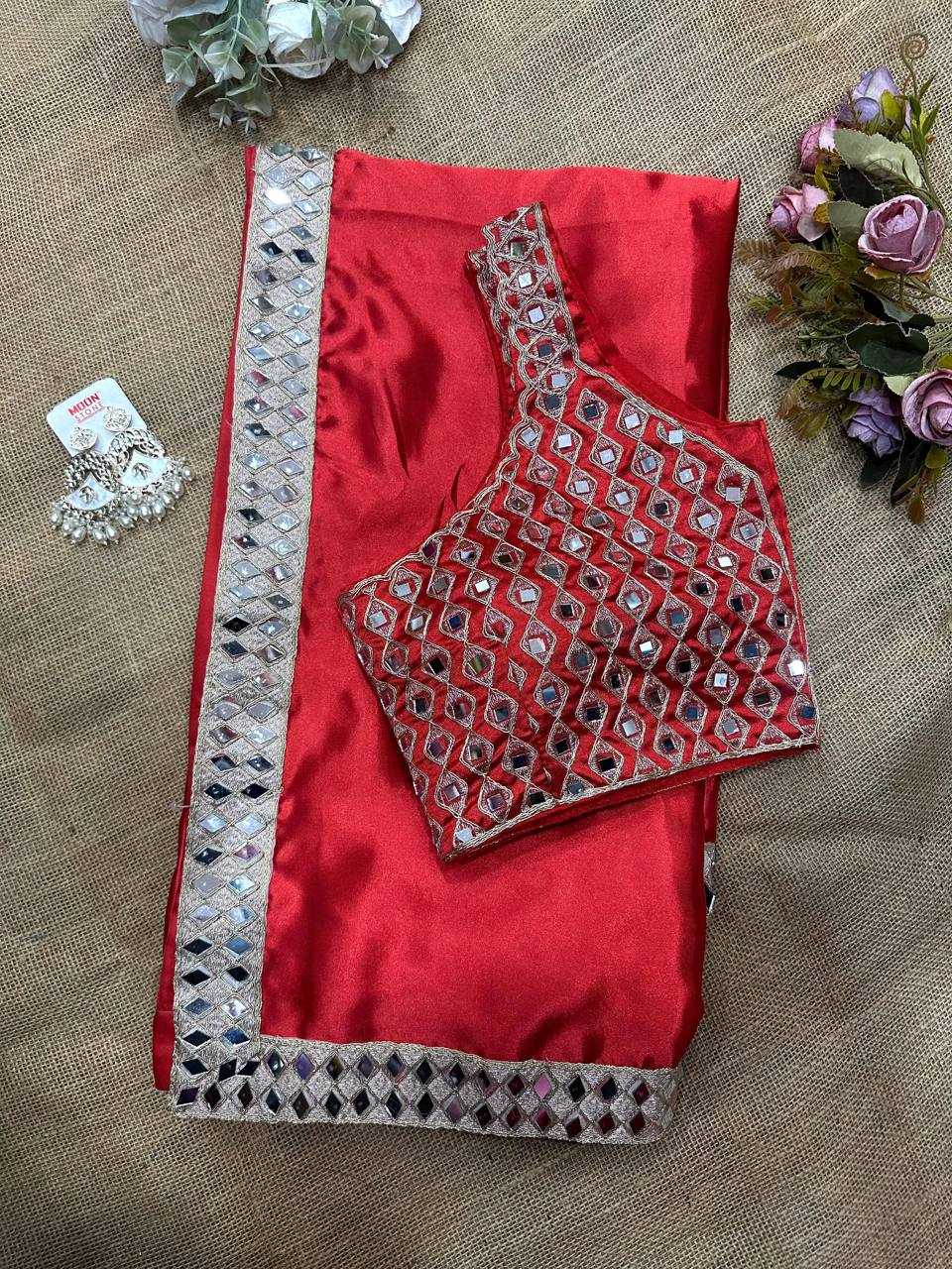 Shilpa Shetty Inspired Red Satin Silk Mirror Work Saree – Designer Party Wear Saree with Embroidered Mirror Blouse