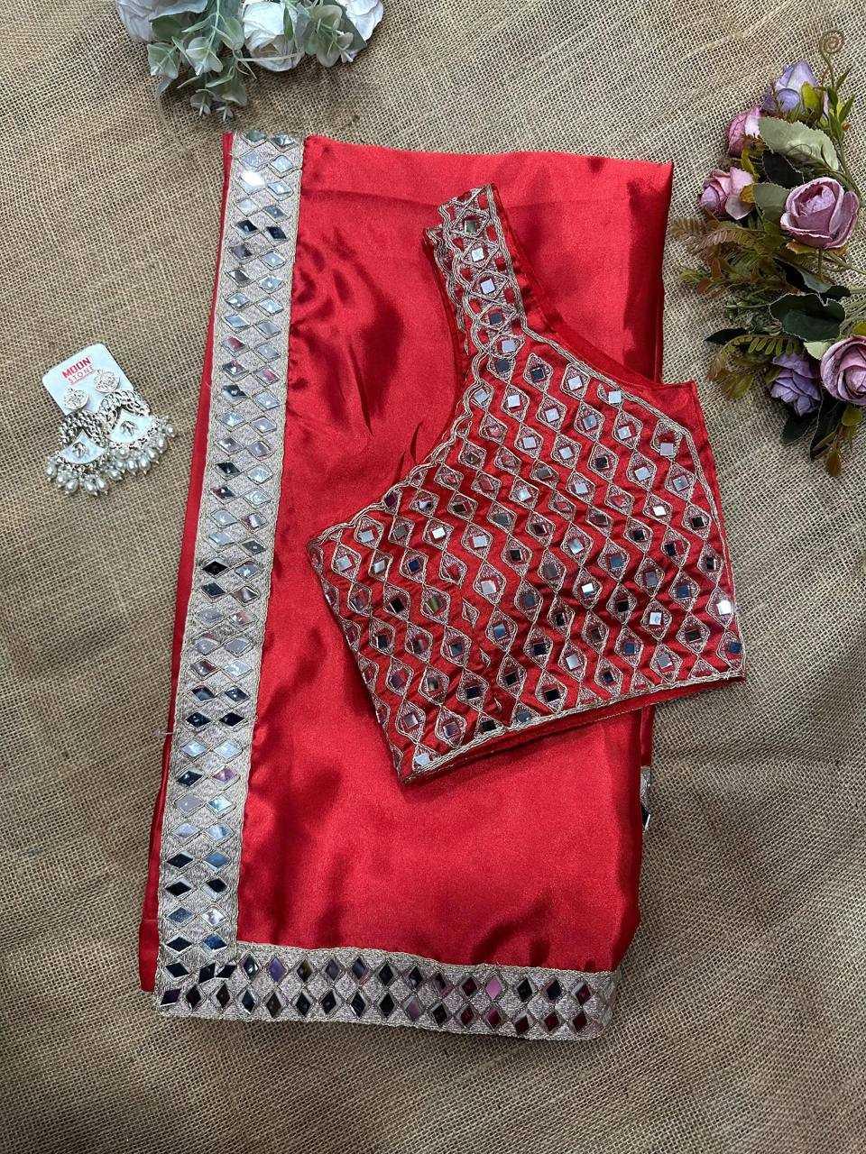 Shilpa Shetty Inspired Red Satin Silk Mirror Work Saree – Designer Party Wear Saree with Embroidered Mirror Blouse - House of ViDi