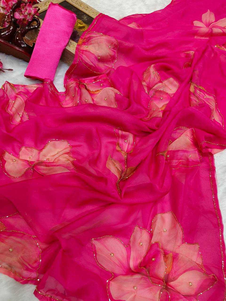 Pink Organza Fancy Saree with Floral Print & Katdana Handwork