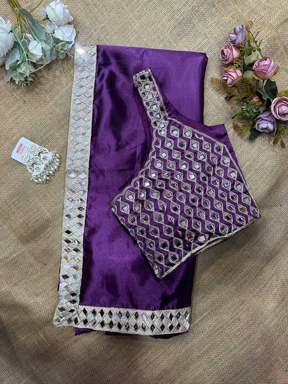 Lavender Satin Silk Mirror Work Saree – Designer Party Wear Saree with Embroidered Mirror Blouse