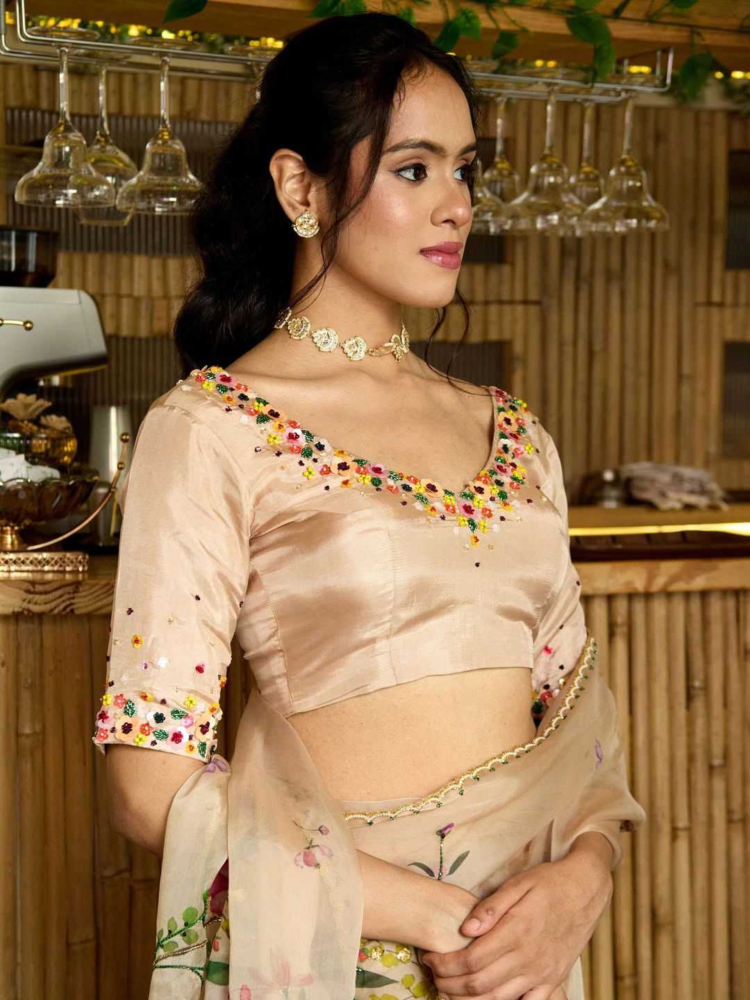 Tabby Silk Printed Saree with Handwork & Designer Blouse – Fresh Floral Elegance - House of ViDi
