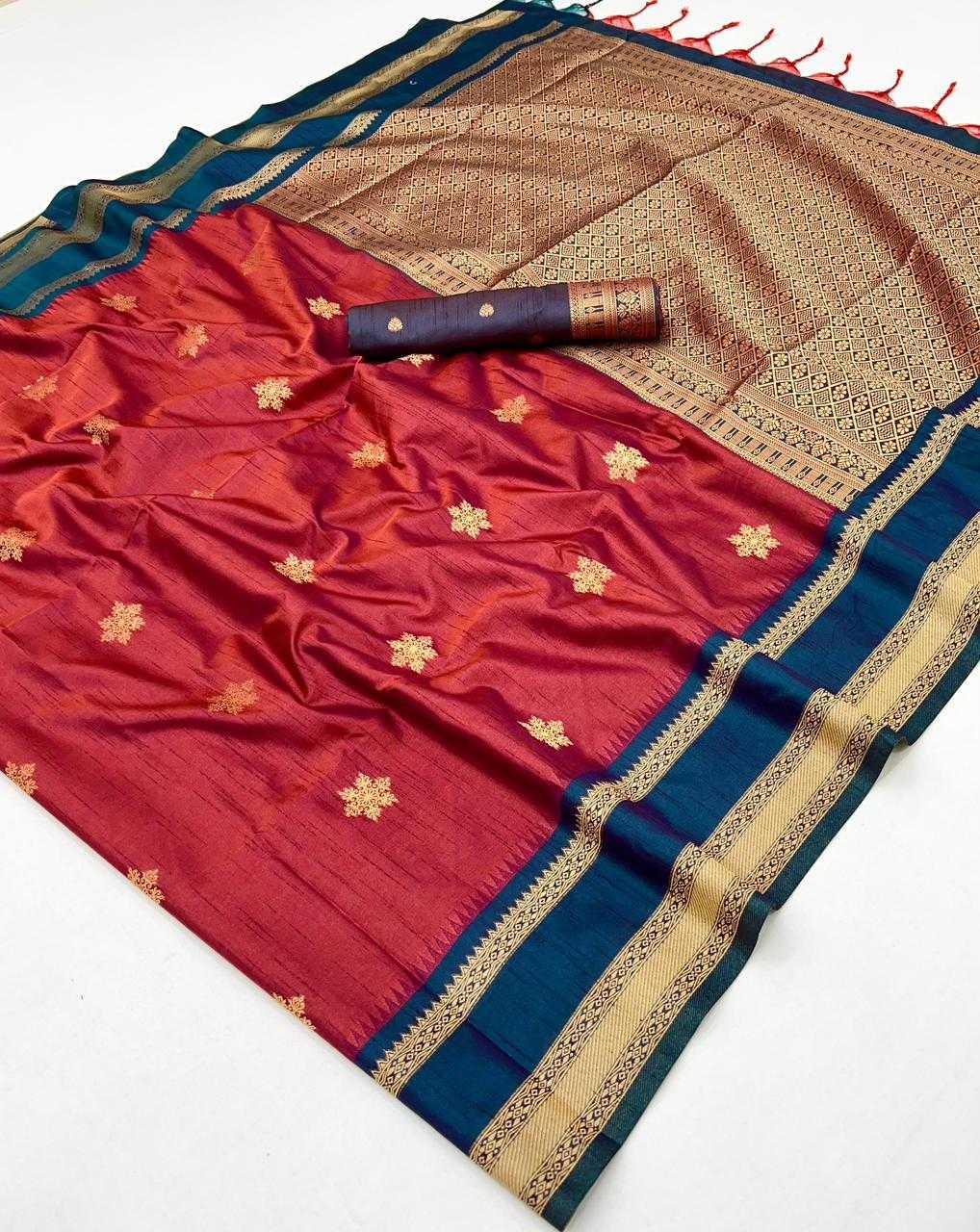 Red Tussar Silk Handloom Weaving Saree with Rich Zari Border – Perfect for Festivals & Celebrations - House of ViDi