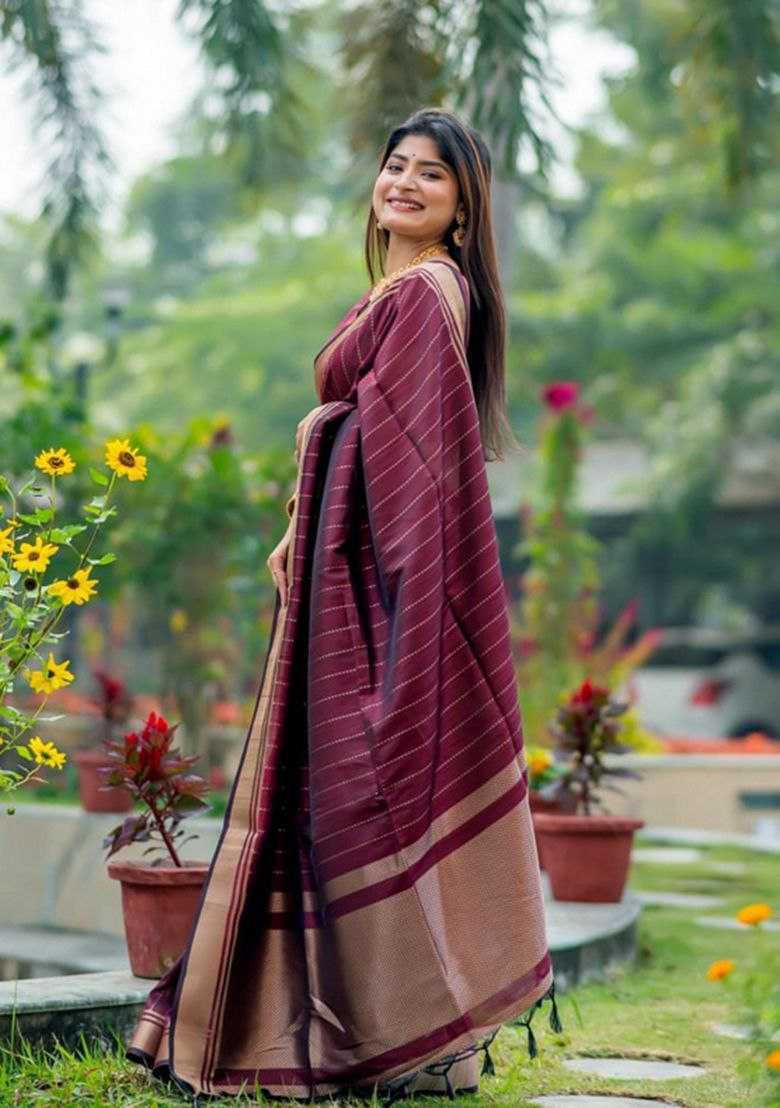 Banarasi Soft Silk Saree with Traditional Zari Border & Solid Jacquard Weave – Unstitched Blouse Included - House of ViDi