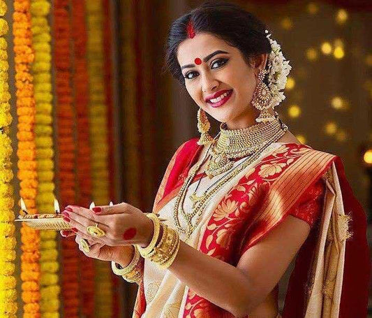 Banarasi Soft Silk Saree with Rich Zari Weaving – White & Red Durga Puja Elegance - House of ViDi