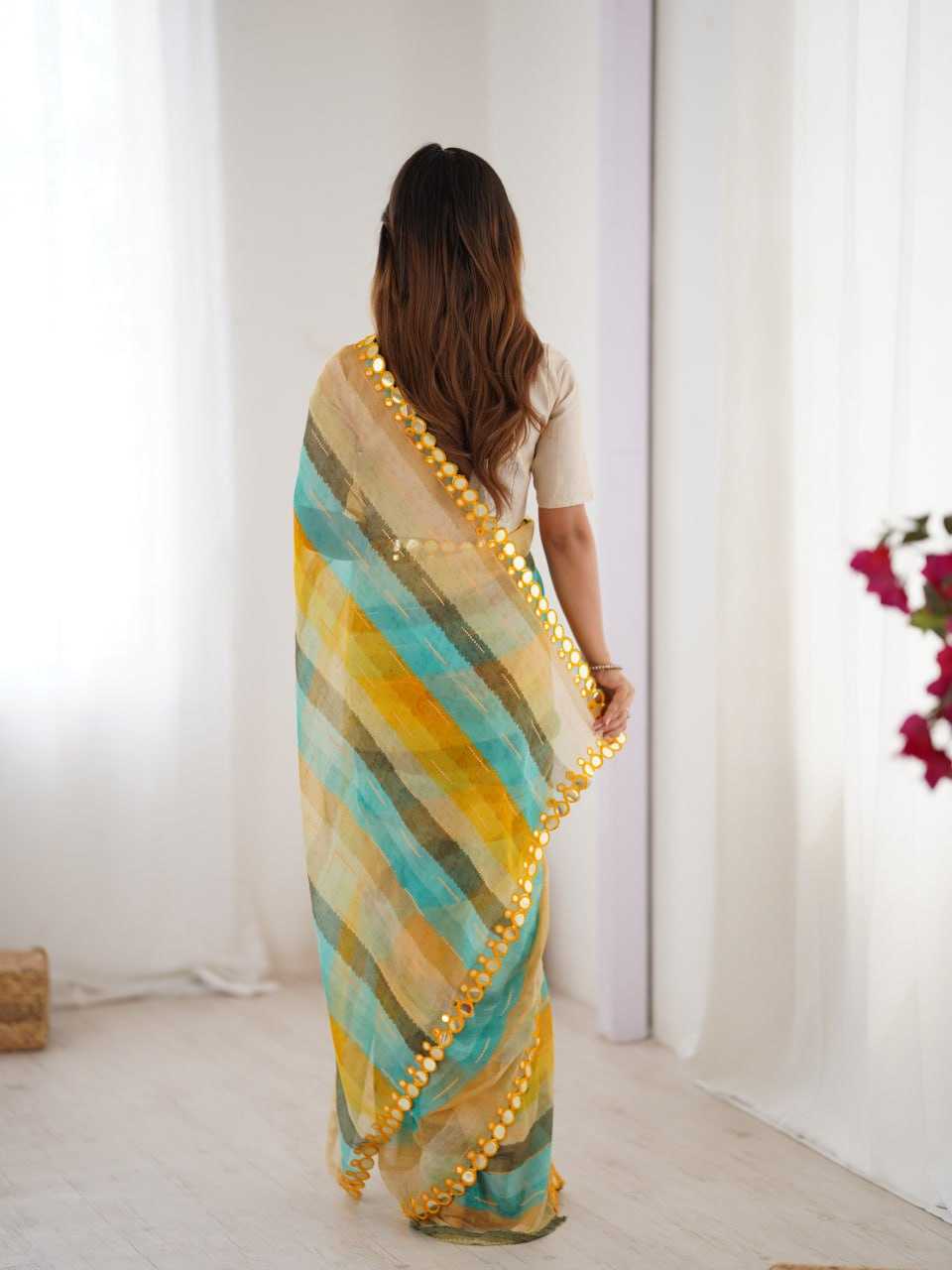 Yellow Heavy Marble Chiffon Lehriya Print Saree with Zari & Mirror Border – Elegant Festive & Party Wear Saree