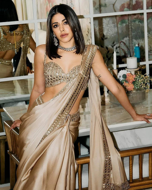 Alaya Furniturewala Inspired Off White Satin Silk Mirror Work Saree – Designer Party Wear Saree with Embroidered Mirror Blouse - House of ViDi