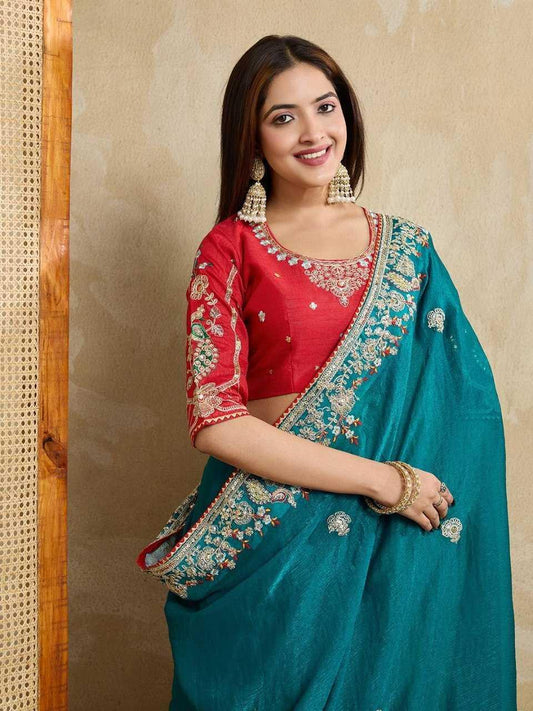 Premium Blue Fendy Chiffon Silk Saree with Heavy Embroidery & Mono Banglory Blouse – Perfect Wedding & Festive Wear - House of ViDi