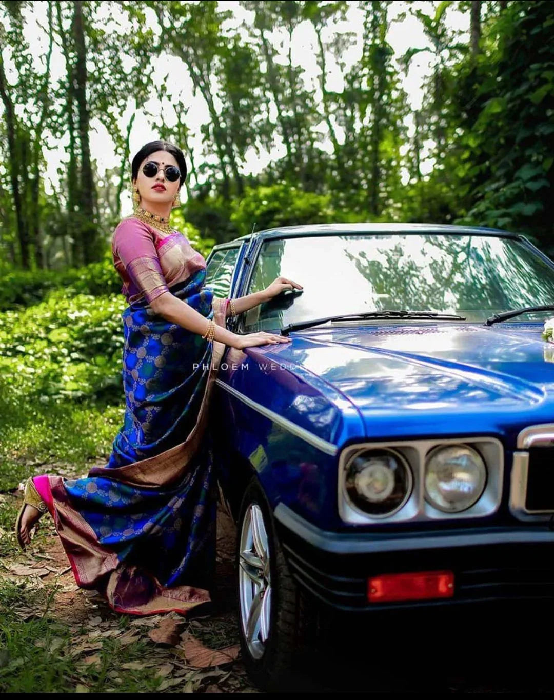 Navy Blue Lichi Silk Saree with Golden Zari Weaving - House of ViDi