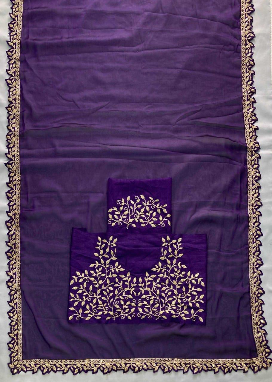 Royal Purple Rangoli Silk Saree with Cutwork Border & Blouse - House of ViDi