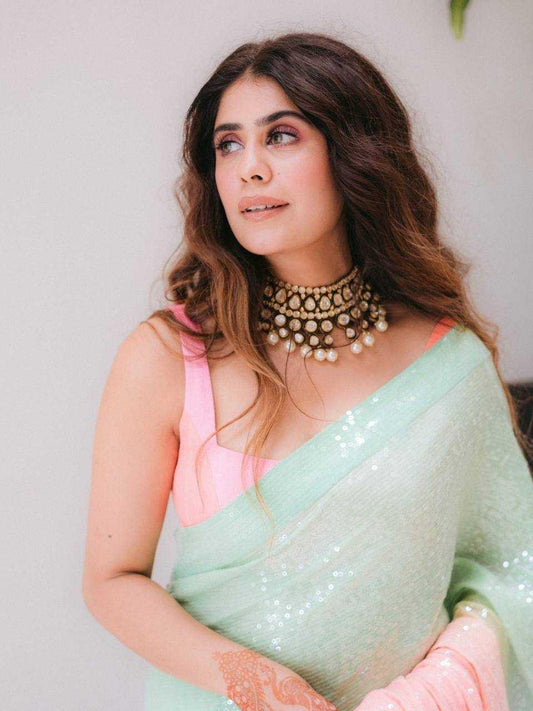 Pastel Mint Green Digital Printed Georgette Sequin Work Saree with Satin Silk Blouse - House of ViDi