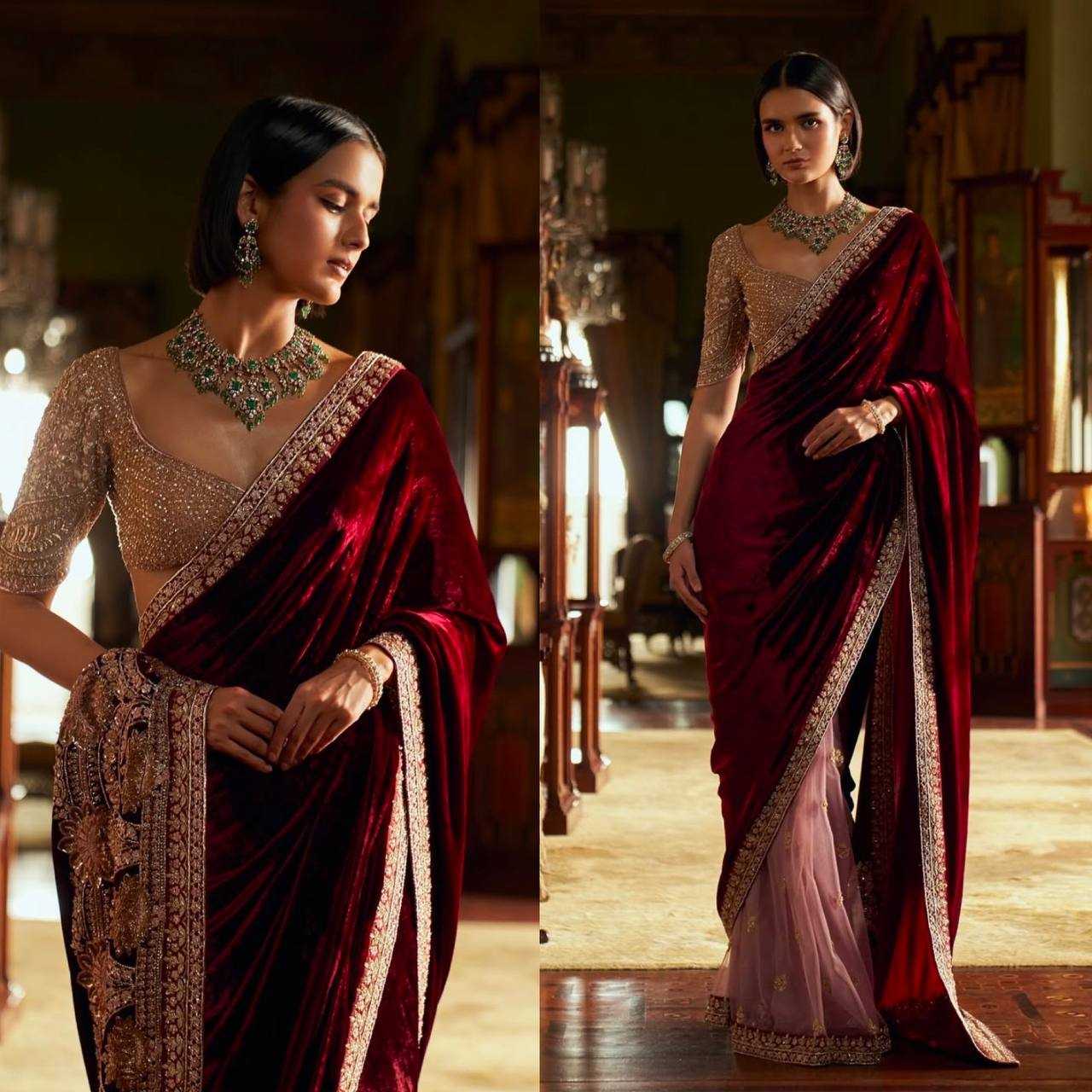 Designer Velvet & Net Saree with Sequins, Thread & Dori Work – Maroon & Nude Contrast