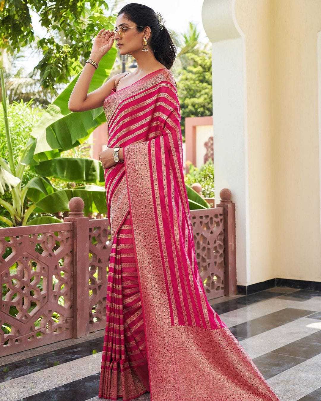 Banarasi Soft Silk Saree with Gold Zari Stripes & Jacquard Work - House of ViDi