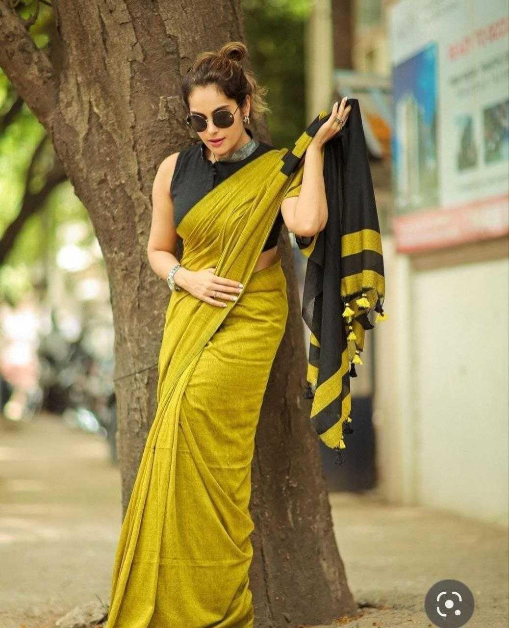 Mehndi Pure Khadi Cotton Handloom Contrast Saree with Blouse | Modern Casual & Party Wear Saree - House of ViDi