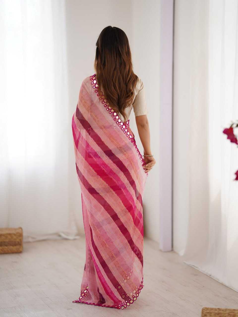 Pink Marble Chiffon Lehriya Saree with Zari & Mirror Border - House of ViDi